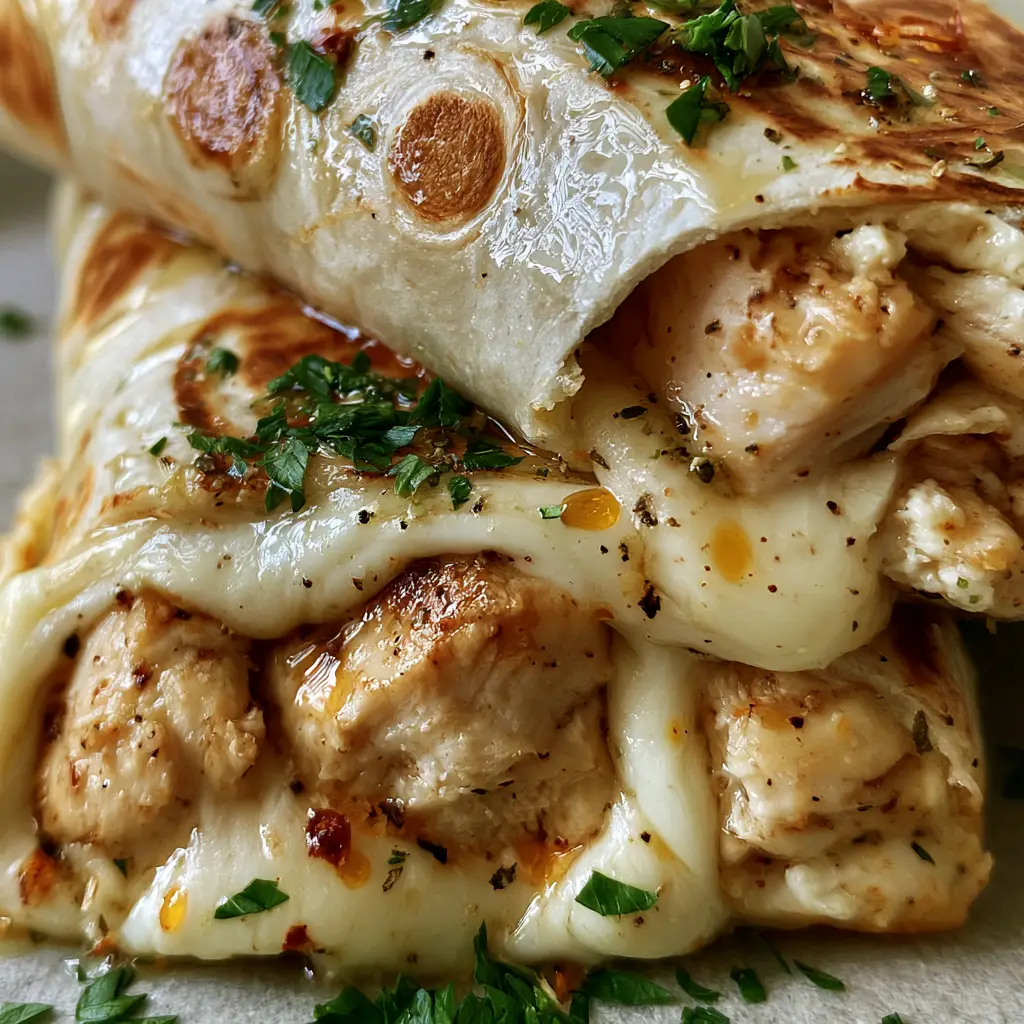 Cheesy Garlic Chicken Wraps recipe: The Ultimate Golden-Brown Melt 1 Diagonal stack of chicken wraps showing golden-brown circular sear marks and herb-infused garlic butter glaze with red chili flakes.