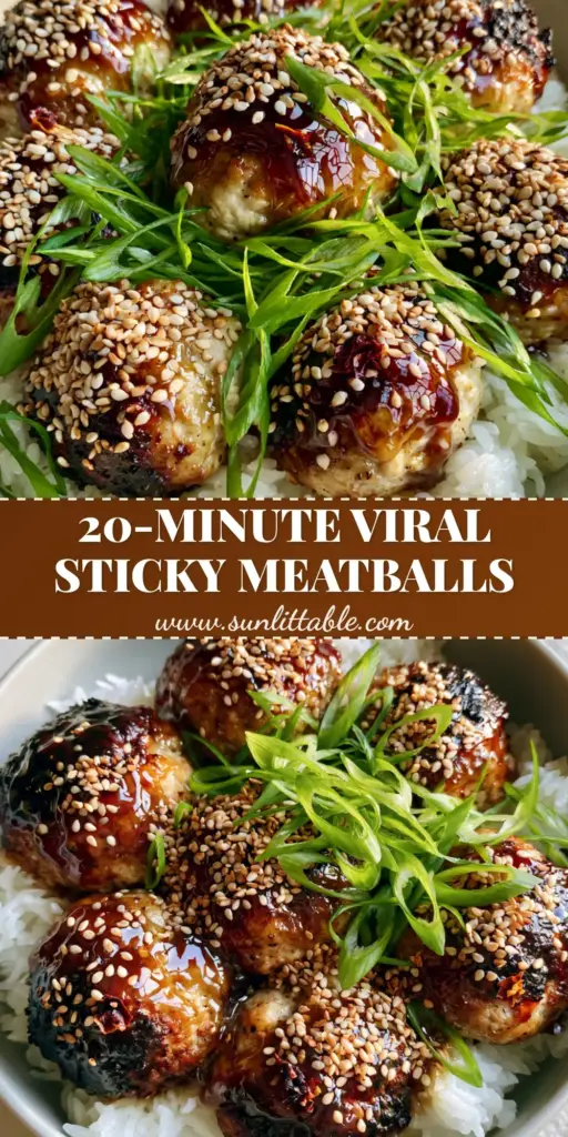 A high-angle photo of Asian chicken meatballs with a dark honey-garlic glaze over jasmine rice, garnished with sesame seeds and scallions in a gray bowl.