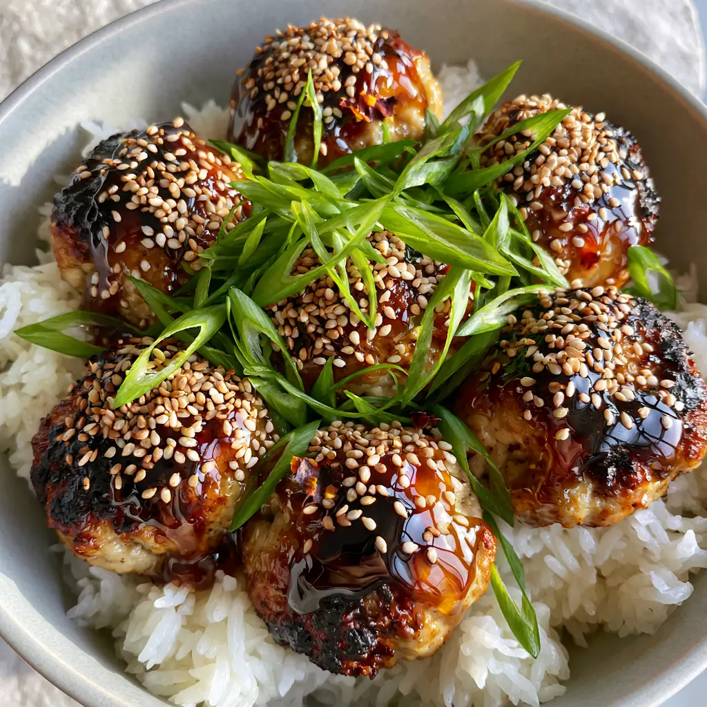 Minimalist bowl of Asian chicken meatballs garnished heavily with fresh green scallions and toasted sesame seeds.
