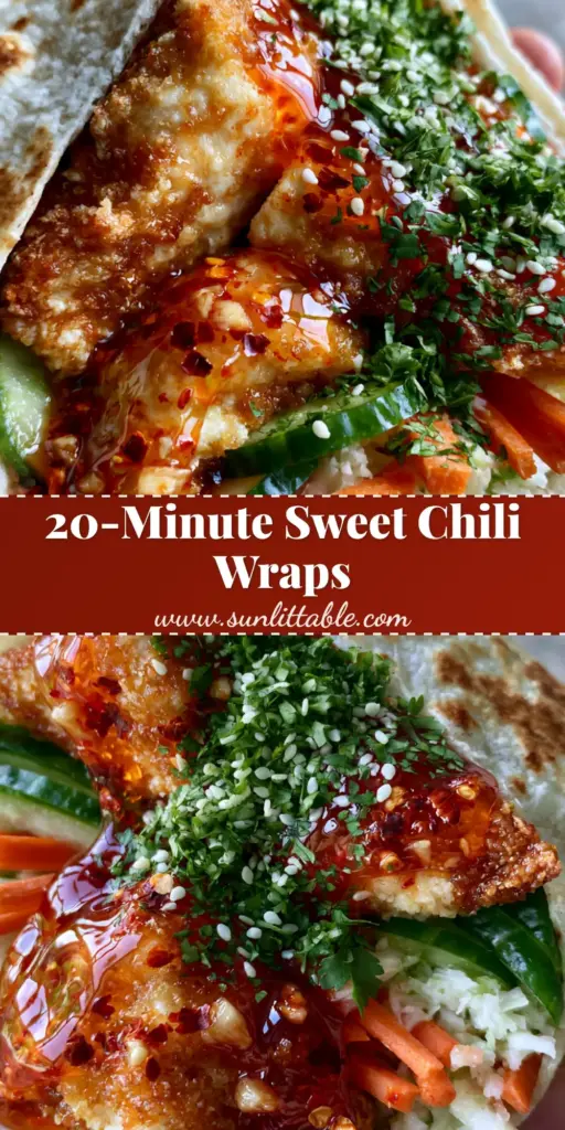 Sweet Chili Crispy Chicken Wraps with Zesty Cabbage Slaw 4 A halved Sweet Chili Crispy Chicken Wrap held in a hand showing glossy sauce, breaded chicken, cucumbers, and matchstick carrots.