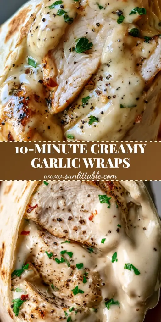 Creamy Garlic Chicken Wrap with Parmesan and Mozzarella 4 A handheld cross-section of a creamy garlic chicken wrap showing thick slices of juicy chicken, glossy white sauce, and red pepper flakes in a charred tortilla.