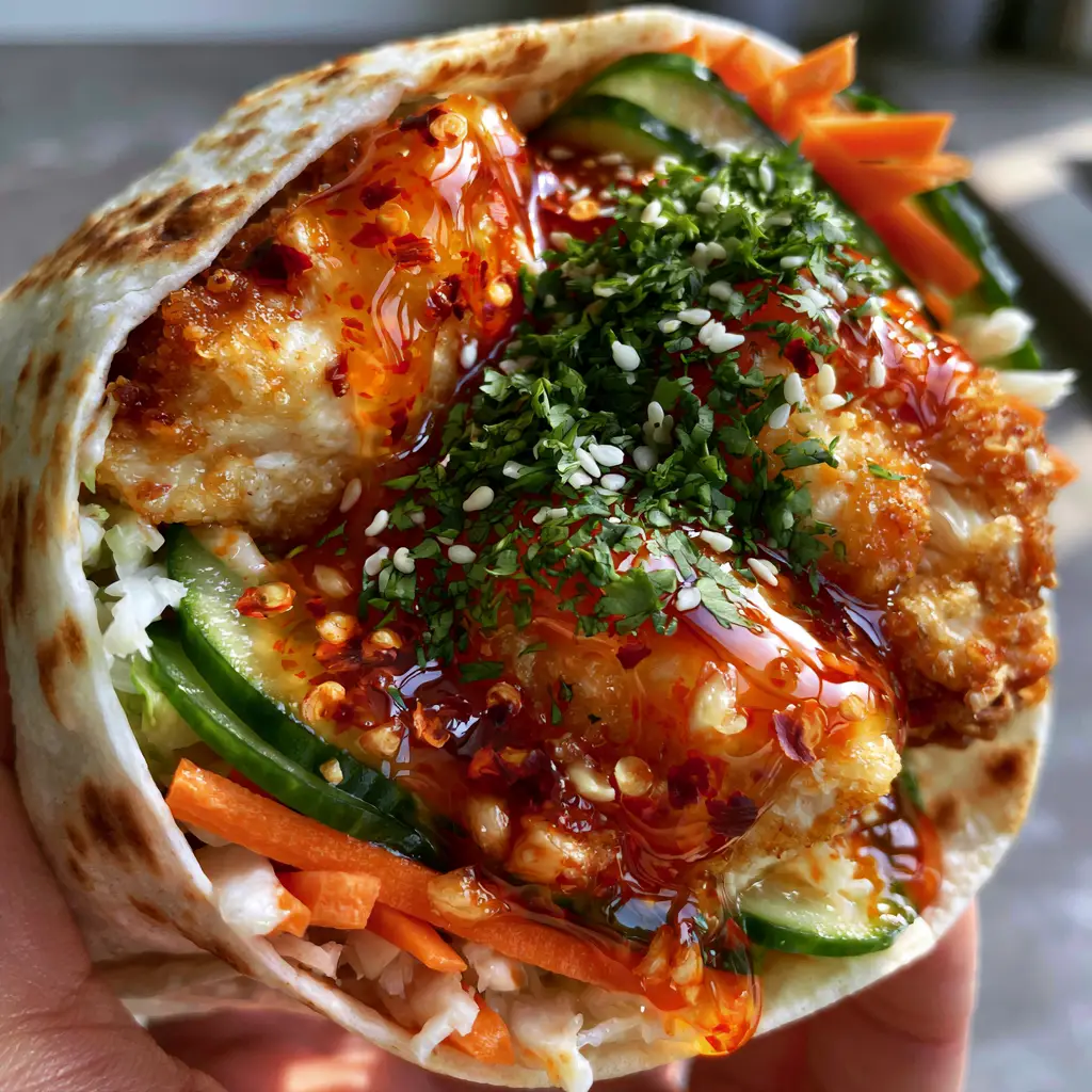 Sweet Chili Crispy Chicken Wraps with Zesty Cabbage Slaw 2 Extreme macro close-up of crispy breaded chicken dripping with translucent red sweet chili sauce and sesame seeds in a wrap.