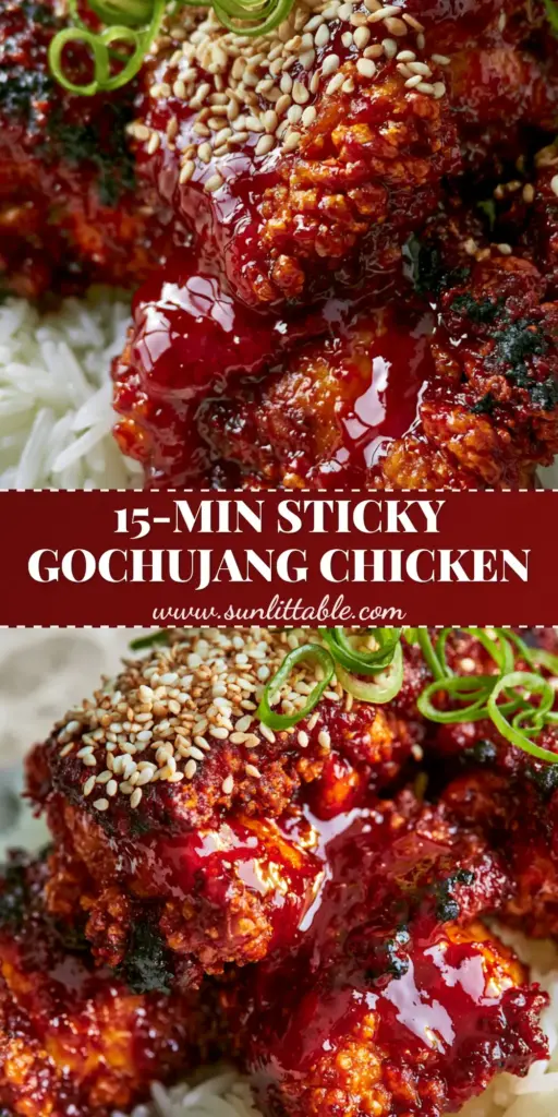 Gochujang Chicken: The Ultimate Crispy and Sticky Korean Glazed Chicken 4 Close-up of crispy Gochujang Chicken chunks with a thick ruby-red glaze, topped with sesame seeds and green scallions over jasmine rice.