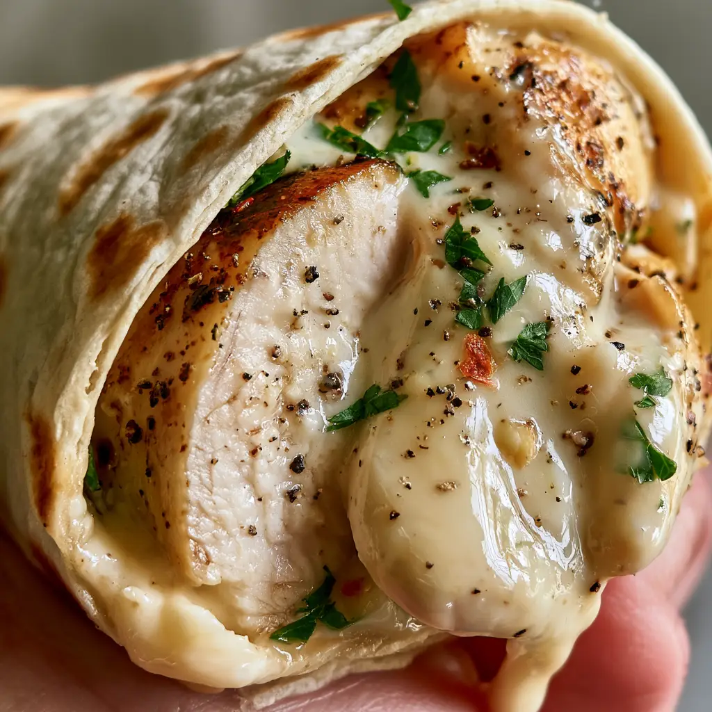 Creamy Garlic Chicken Wrap with Parmesan and Mozzarella 2 Close up of a creamy garlic chicken wrap featuring pan-seared chicken and a velvety parmesan sauce dripping from the center.