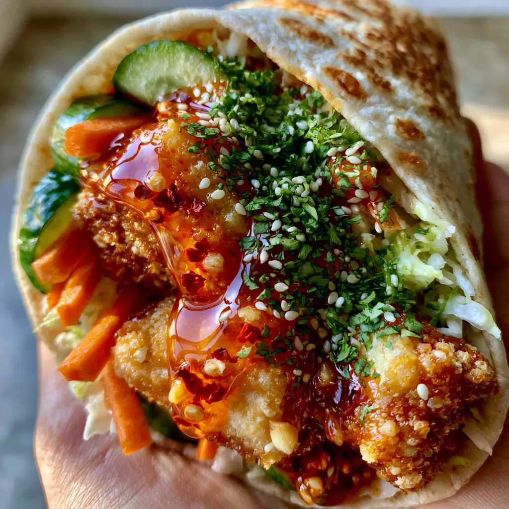 Sweet Chili Crispy Chicken Wraps with Zesty Cabbage Slaw 1 A halved Sweet Chili Crispy Chicken Wrap showcasing layers of zesty white cabbage slaw, bright orange carrots, and green Persian cucumbers.