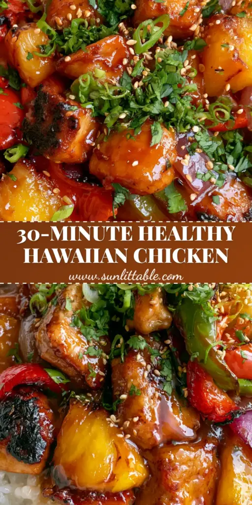 Hawaiian Chicken with Coconut Rice: The Ultimate Tropical Bowl Recipe 3 A professional food photo of Hawaiian chicken with coconut rice bowl featuring seared chicken, charred pineapple, and vibrant blistered peppers.