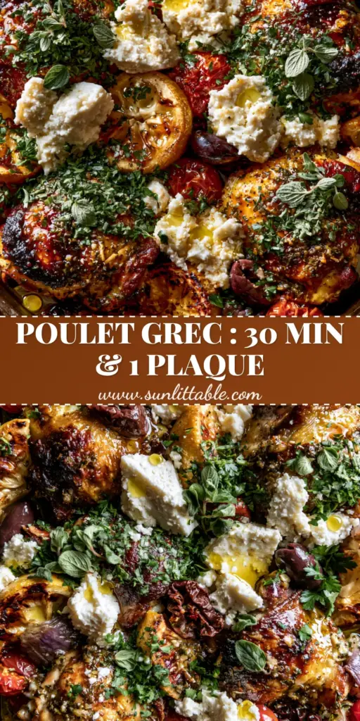 Poulet à la Grecque: The Ultimate Mediterranean Sheet Pan Chicken 4 A rustic sheet pan featuring poulet à la grecque with golden-brown chicken, charred lemons, and crumbled feta cheese.