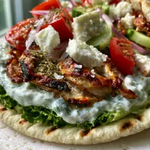 Macro photo of Greek Chicken Wraps showing the texture of seared chicken breast and feta cheese.