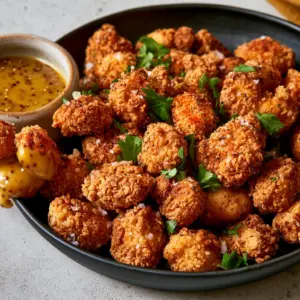 Top-down view of popcorn chicken in a matte black bowl with visible sea salt flakes and smoked paprika.