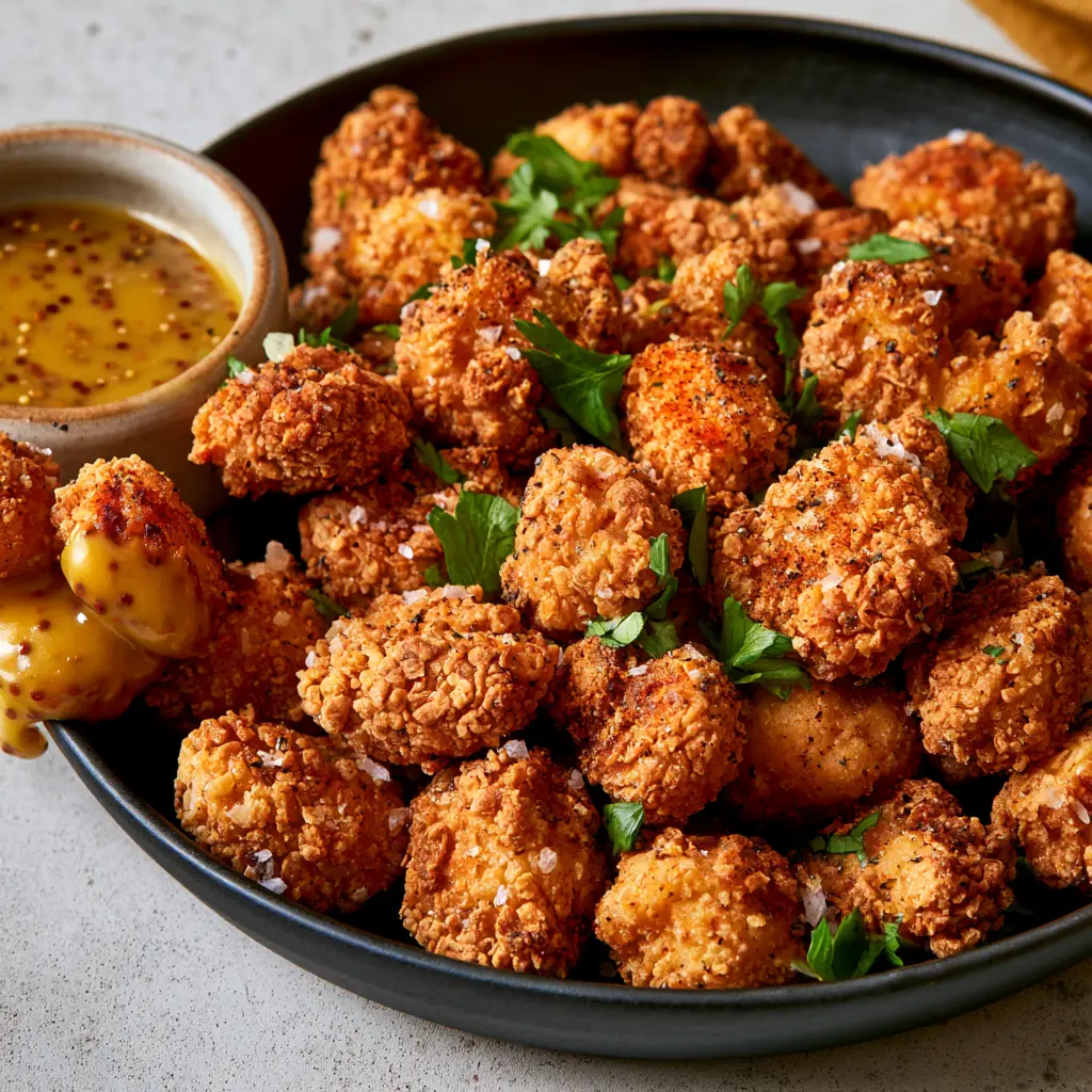 Top-down view of popcorn chicken in a matte black bowl with visible sea salt flakes and smoked paprika.