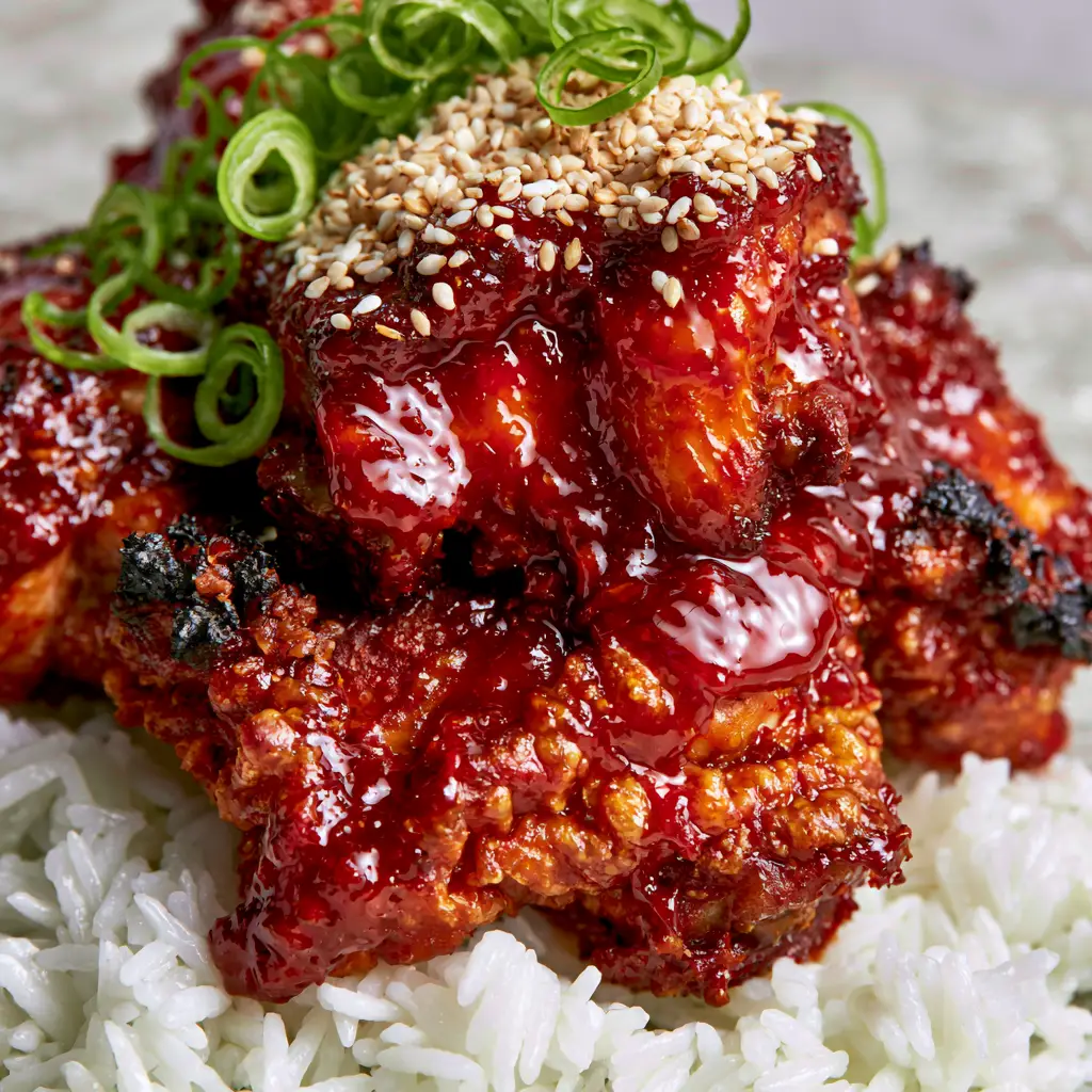 Extreme close-up of Gochujang Chicken showing charred edges and a glossy, translucent ruby-red sauce.