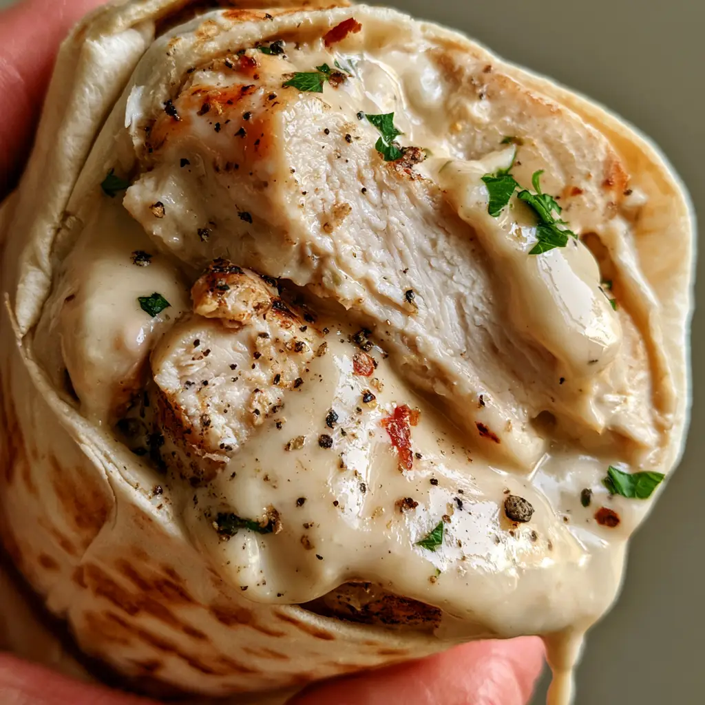 Creamy Garlic Chicken Wrap with Parmesan and Mozzarella 1 Top view of a toasted creamy garlic chicken wrap with golden char marks on the flour tortilla and fresh parsley garnish.