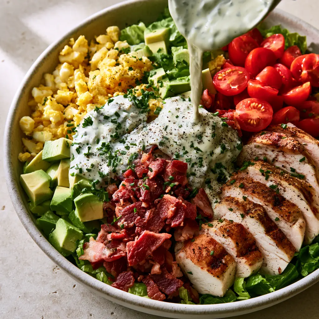Close up shot of sliced pan-seared chicken and hard-boiled egg crumbles on a Chopped Cobb Salad.