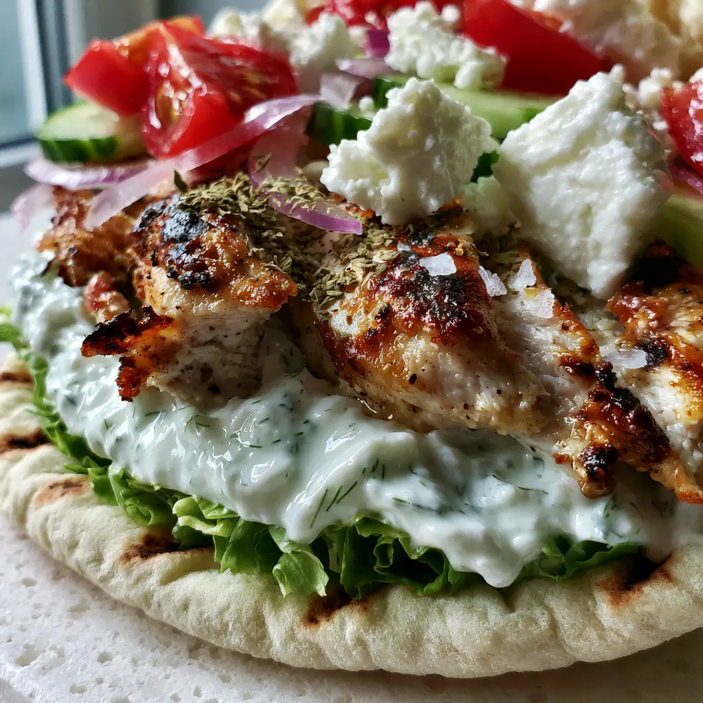 Greek Chicken Wraps with Creamy Tzatziki and Charred Chicken 1 Side view of a loaded Greek Chicken Wrap with visible layers of lettuce, tomato, and red onion.