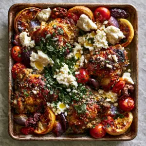 Top-down view of poulet à la grecque chicken thighs with blistered tomatoes and fresh herbs.