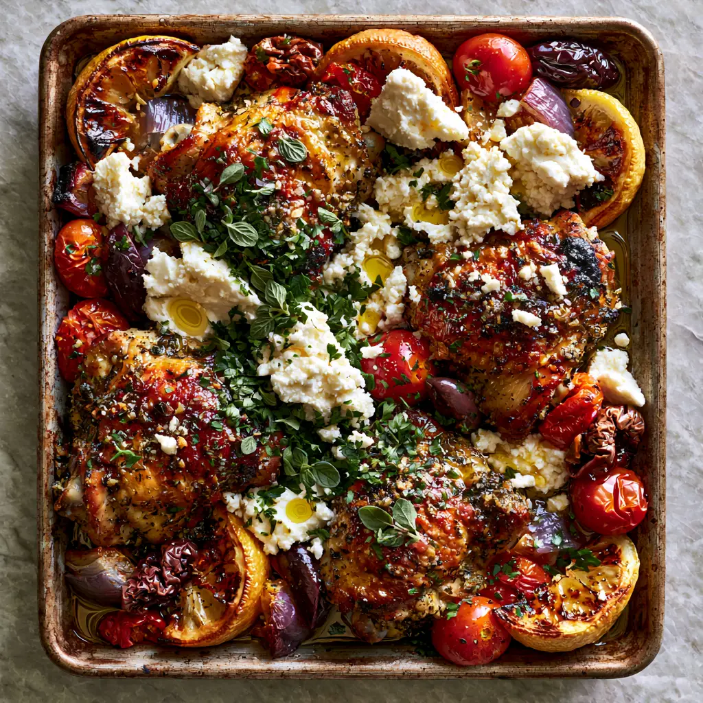 Top-down view of poulet à la grecque chicken thighs with blistered tomatoes and fresh herbs.