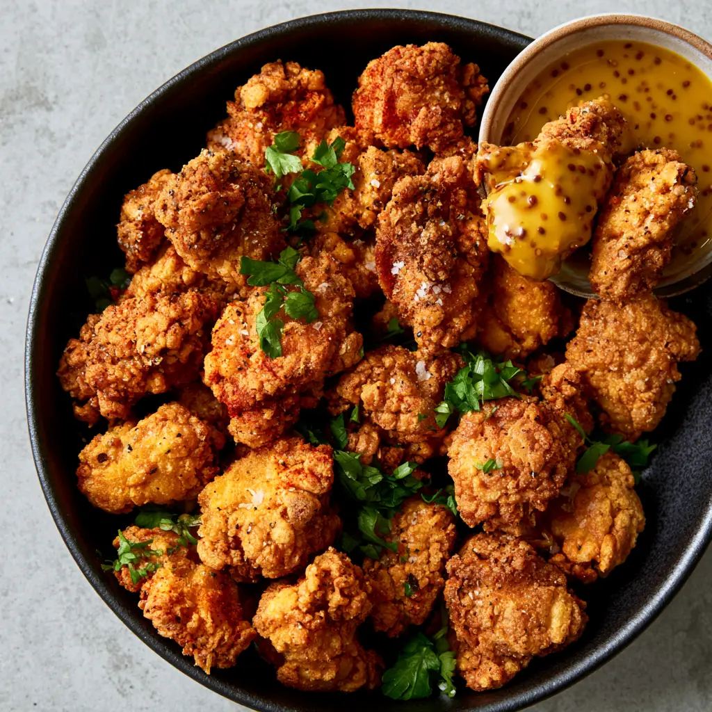 Popcorn Chicken: The Ultimate Extra-Crispy Panko Recipe 1 Popcorn chicken piece being dipped into a thick, glossy honey mustard sauce with whole mustard seeds.
