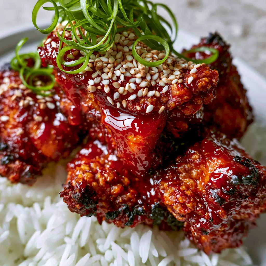 Gochujang Chicken: The Ultimate Crispy and Sticky Korean Glazed Chicken 1 Searing chunks of Gochujang Chicken in a pan to achieve a textured, crunchy exterior.