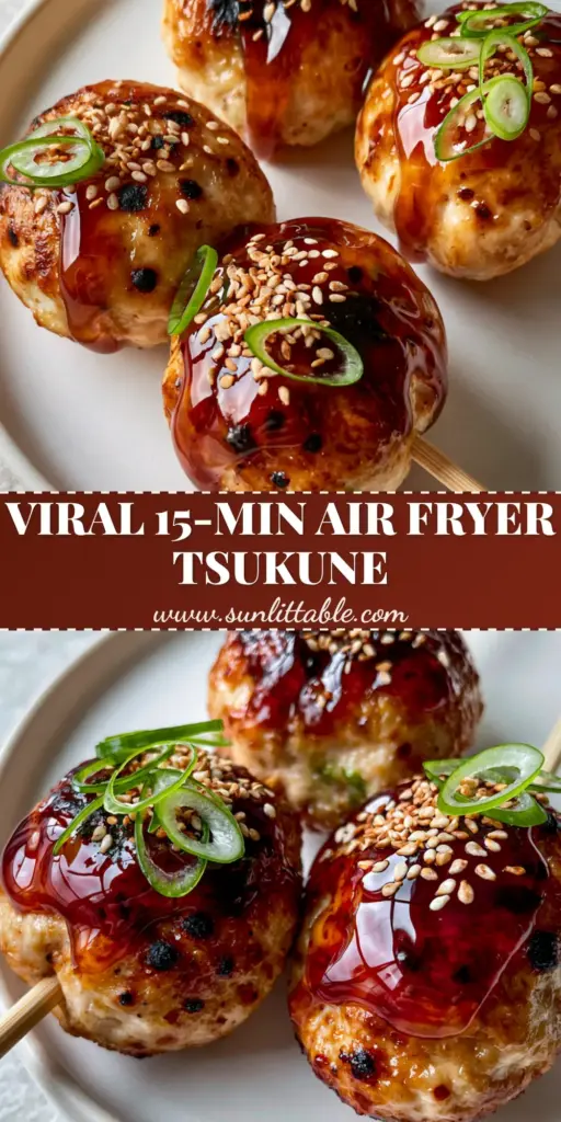 Chicken Tsukune: The Ultimate Air Fryer Japanese Meatball Skewers 4 A top-down macro shot of three Chicken Tsukune skewers on a white ceramic plate, featuring a mahogany glaze and scallions.
