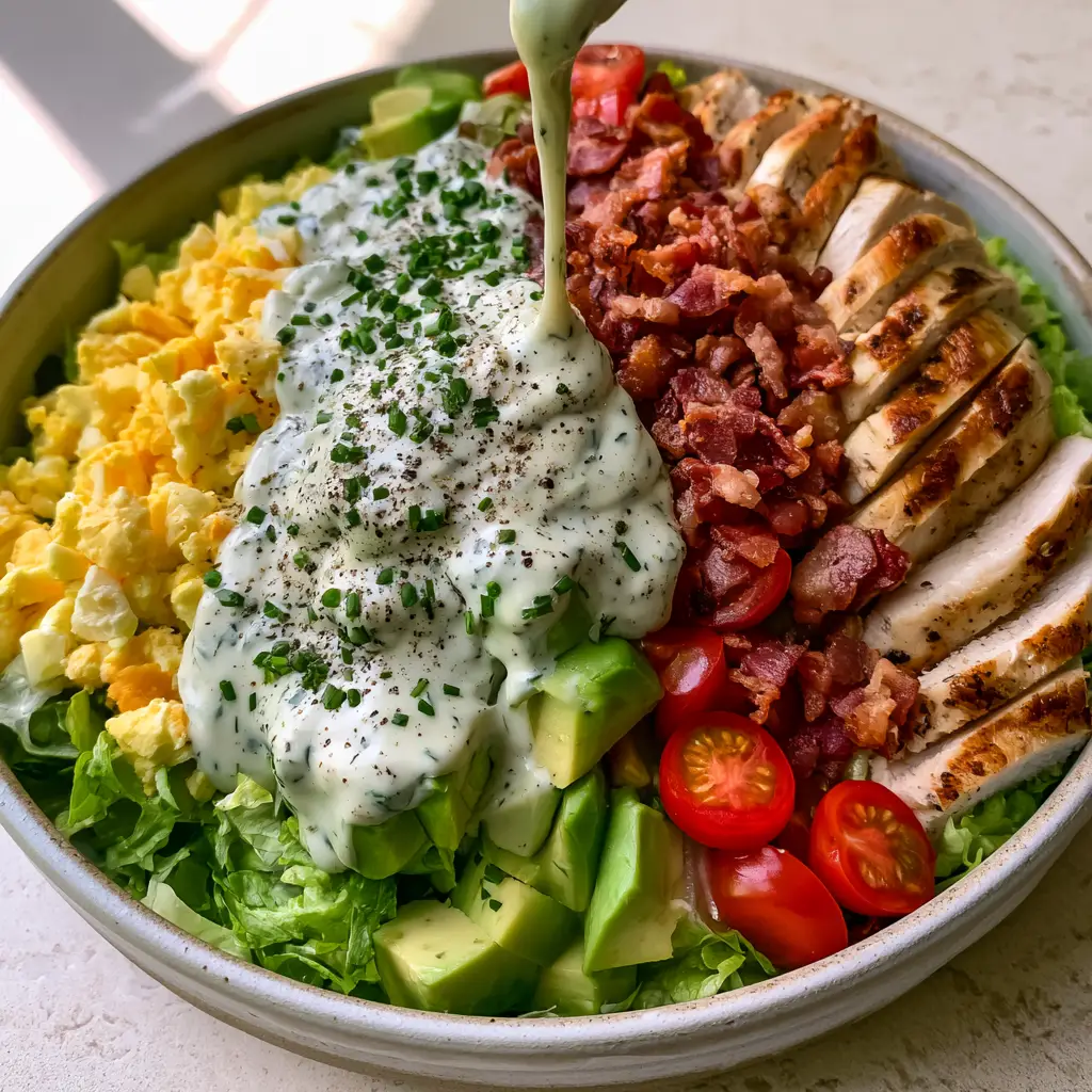 Chopped Cobb Salad: The Ultimate Gourmet Restaurant-Style Recipe 1 A beautiful spread of Chopped Cobb Salad featuring mahogany-colored bacon and bright cherry tomatoes.