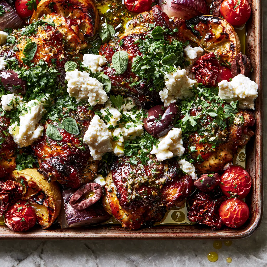 Poulet à la Grecque: The Ultimate Mediterranean Sheet Pan Chicken 1 Close up shot of blistered cherry tomatoes and charred lemons in a poulet à la grecque dish.