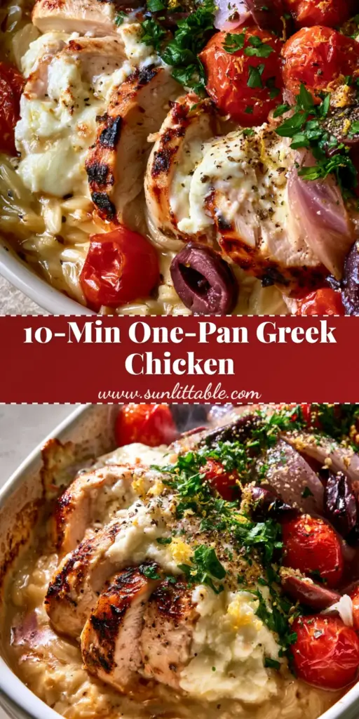 Greek Chicken Casserole with Lemon Garlic Orzo and Melted Feta 3 A handheld smartphone photo of a Greek chicken casserole in a white dish, featuring seared chicken slices, creamy orzo, and blistered tomatoes.