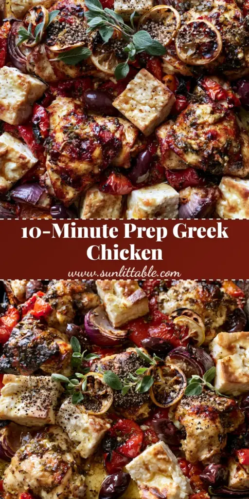 A rustic sheet pan filled with Greek chicken with lemon and feta, featuring crispy chicken thighs, blistered peppers, and melted feta cubes.