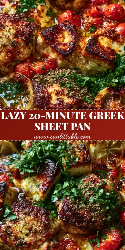 A top-down shot of a sheet pan with Greek chicken lemon feta, featuring crispy chicken thighs, roasted feta, and blistered tomatoes.