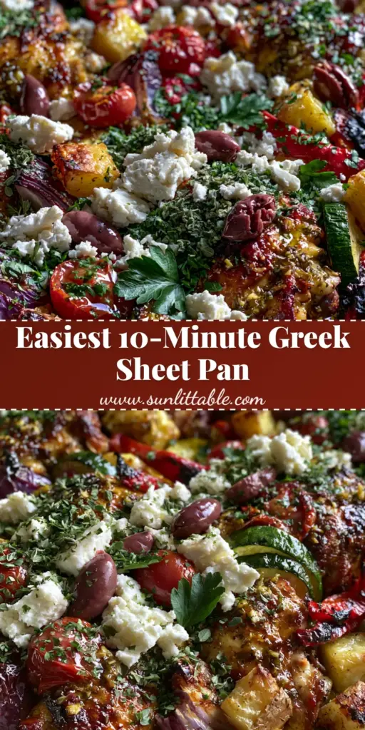 Greek Chicken and Vegetables Sheet Pan Feast (Crispy & Healthy) 3 A top-down angled shot of a rustic sheet pan featuring Greek chicken and vegetables with charred lemons and feta.