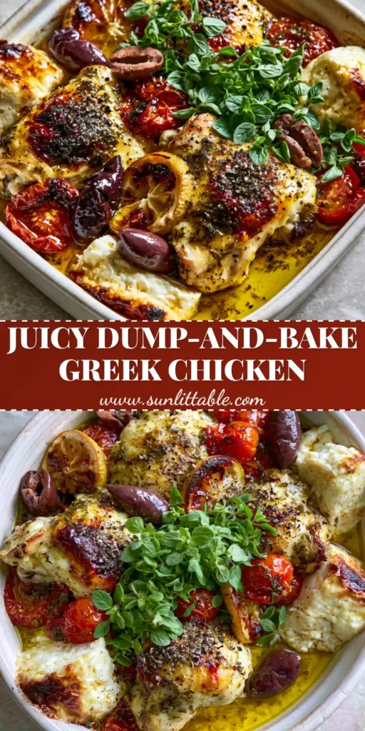 A top-down view of dump and bake Greek chicken with roasted chicken thighs, blistered tomatoes, and browned feta chunks in a white dish. (dump and bake Greek chicken)