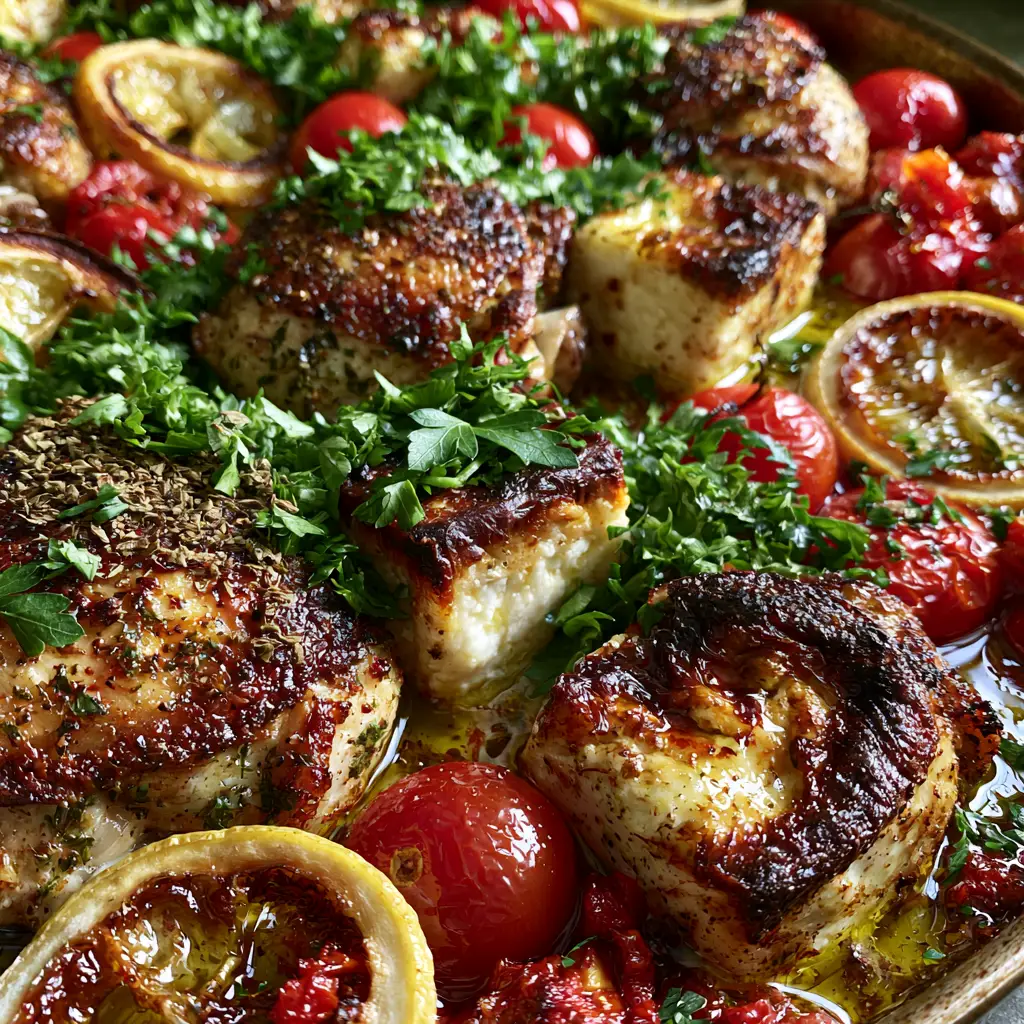 Close-up of crispy-skinned Greek chicken lemon feta with charred lemon wheels and toasted feta edges.
