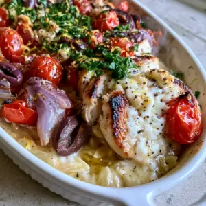 Close-up of seared chicken breast slices and melted feta crumbles in a Greek chicken casserole.