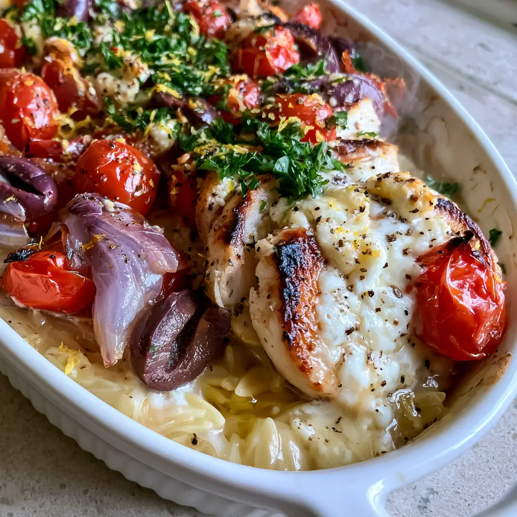 Close-up of seared chicken breast slices and melted feta crumbles in a Greek chicken casserole.