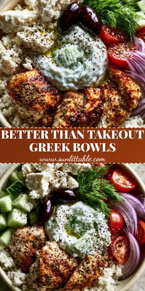 A vibrant Greek Chicken Delight bowl featuring seared herb chicken, fluffy quinoa, and fresh vegetables on a light stone background.