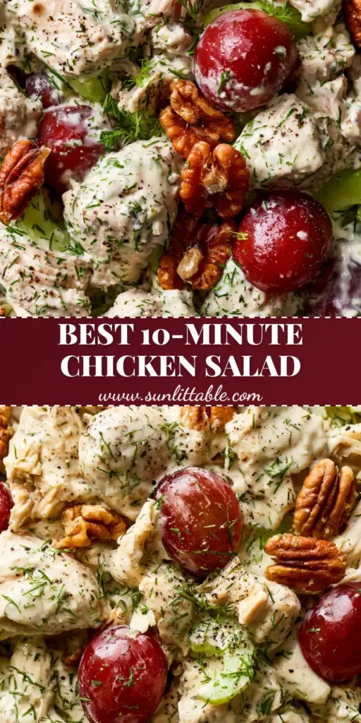 Chicken Salad with Grapes: The Ultimate Creamy and Crunchy Hand-Pulled Recipe 4 A top-down macro shot of a ceramic bowl filled with creamy chicken salad with grapes, showing hand-pulled chicken, toasted pecans, and fresh dill.