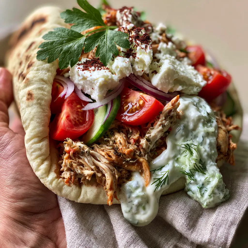 Close up of slow cooker Greek chicken inside a toasted pita with fresh dill and sumac dusting. (crockpot Greek chicken pitas)