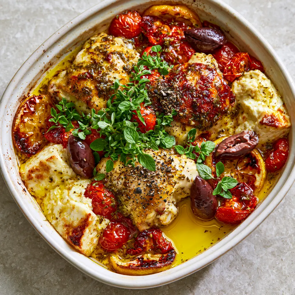 Succulent roasted chicken thighs with lemon-herb juices and charred lemon wedges. (dump and bake Greek chicken)
