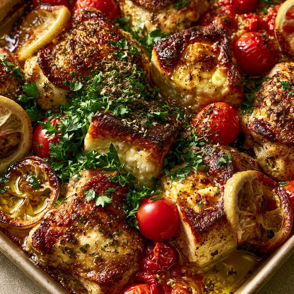 Authentic kitchen table setting of Greek chicken lemon feta with glistening olive oil sauce and fresh herbs.