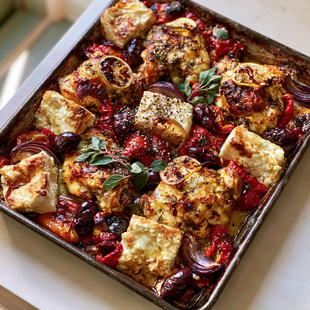 Close up of melted roasted feta chunks and charred red onions in a Greek chicken dish.