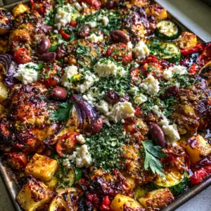 Close up of crispy skin chicken thighs and blistered tomatoes in a Greek chicken and vegetables feast.