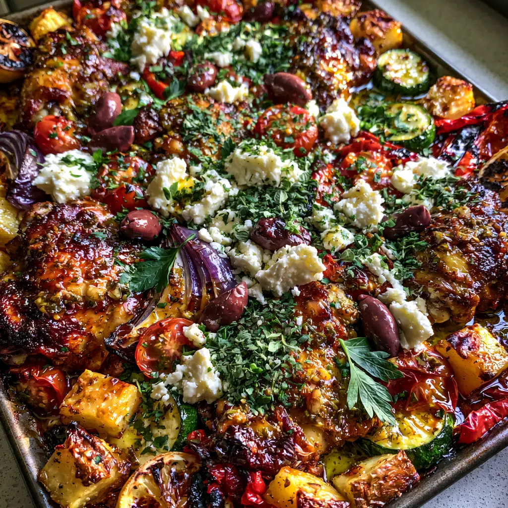 Close up of crispy skin chicken thighs and blistered tomatoes in a Greek chicken and vegetables feast.