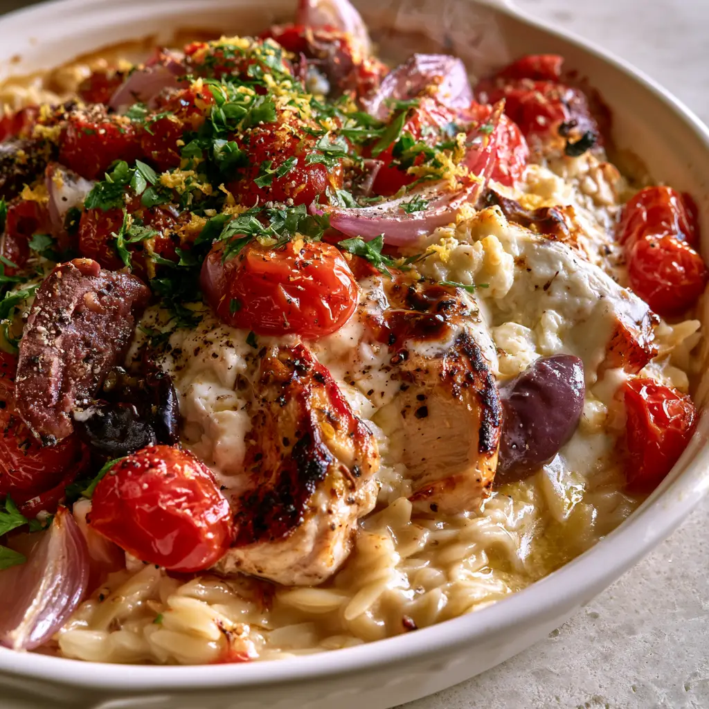 Greek Chicken Casserole with Lemon Garlic Orzo and Melted Feta 1 Overhead view of creamy lemon garlic orzo topped with blistered cherry tomatoes and Kalamata olives.