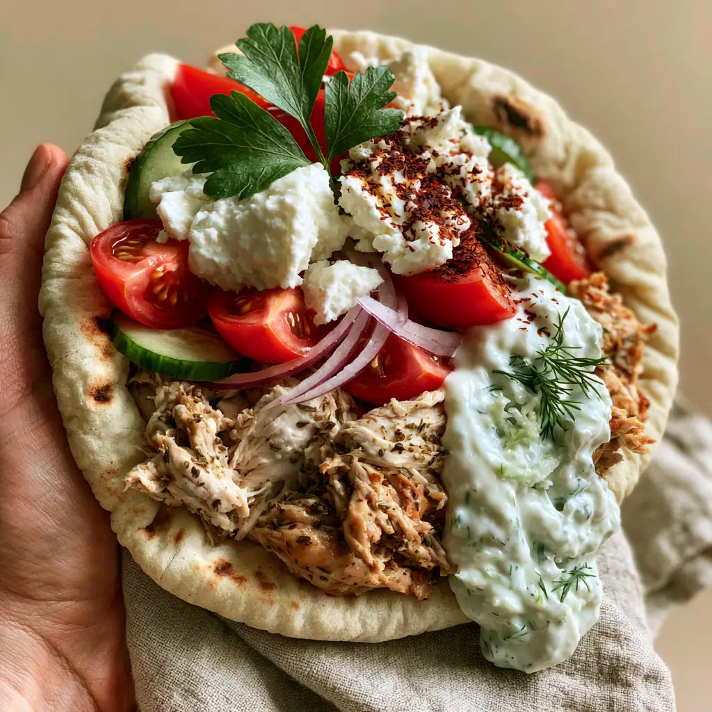 Crockpot Greek Chicken Pitas with Creamy Tzatziki 1 A fresh Greek chicken pita held over a linen napkin, showing thick tzatziki and bright white feta crumbles.