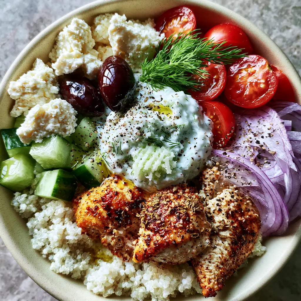 Extreme close-up of Greek Chicken Delight showing golden-brown chicken and snowy white tzatziki sauce. (Greek Chicken Delight)