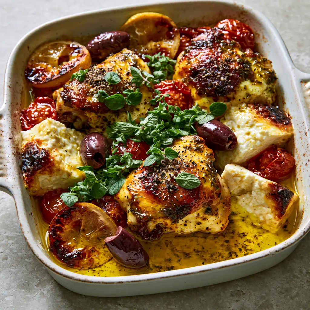 Rustic ceramic dish filled with Greek chicken, blistered cherry tomatoes, and softened feta chunks.