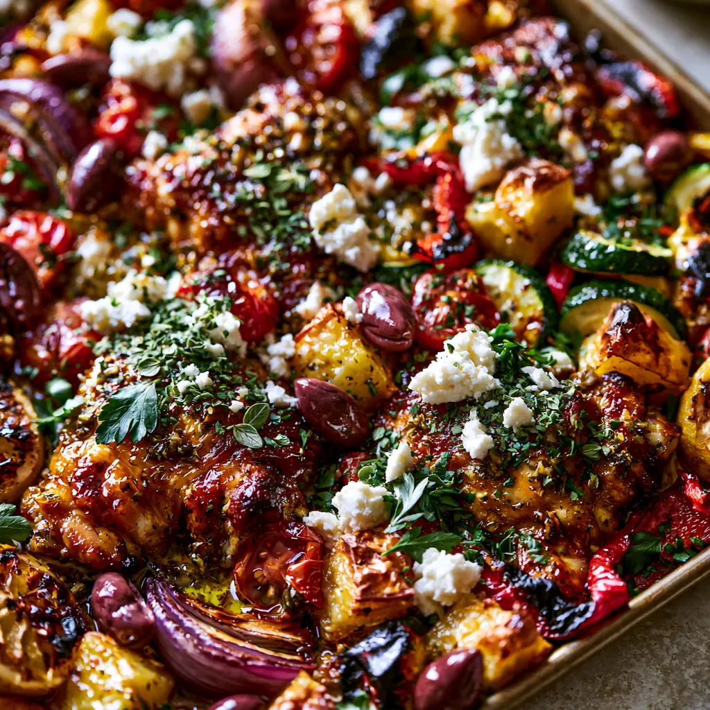 Greek Chicken and Vegetables Sheet Pan Feast (Crispy & Healthy) 1 A rustic sheet pan overflowing with golden potatoes, zucchini, and Greek chicken and vegetables.