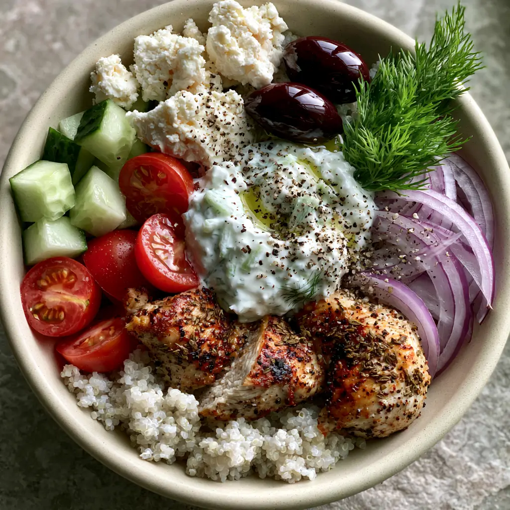 Top-down view of a Mediterranean bowl with Persian cucumbers, cherry tomatoes, and kalamata olives. (Greek Chicken Delight)