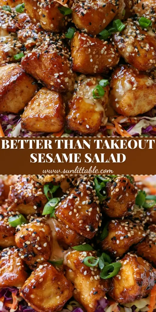Sesame Chicken Salad with Crunchy Cabbage and Glossy Ginger Glaze 4 A top-down view of a sesame chicken salad in a white bowl featuring golden seared chicken and purple cabbage base.