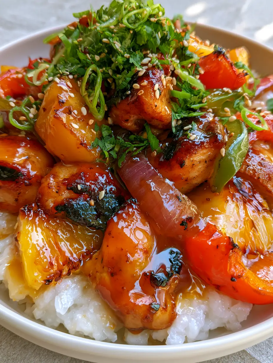 Hawaiian Chicken with Coconut Rice: The Ultimate Tropical Bowl Recipe 4 A detailed shot of pearlescent coconut rice topped with glossy amber glazed Hawaiian chicken and charred pineapple chunks.