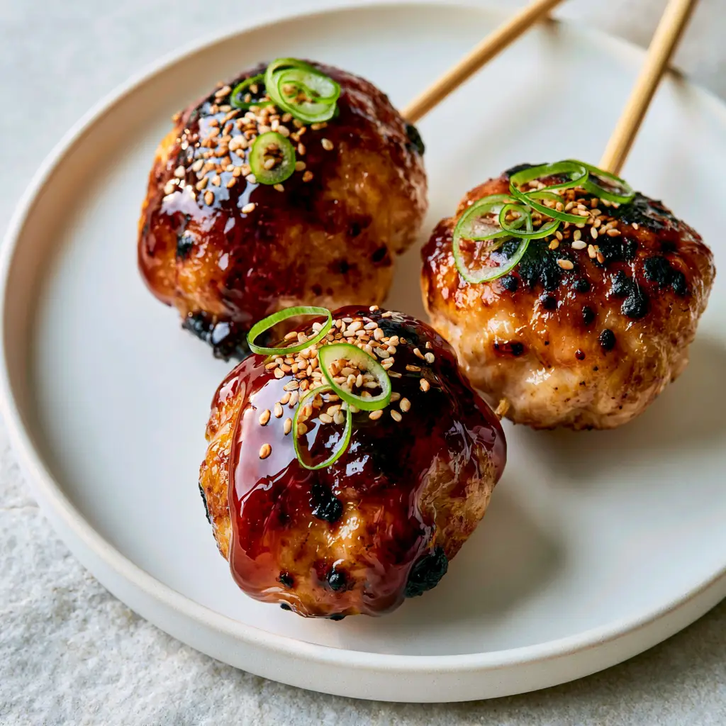 Chicken Tsukune: The Ultimate Air Fryer Japanese Meatball Skewers 2 Macro view of three Japanese chicken meatball skewers with a sticky reflective mahogany glaze and green scallions. (Chicken Tsukune)